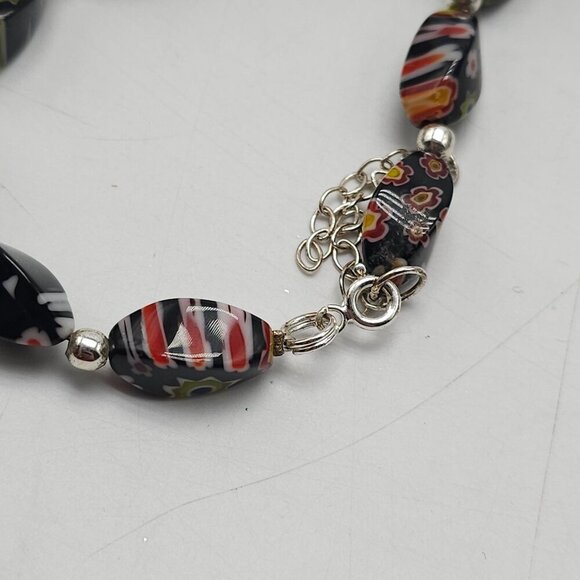 Millefiori Glass Jewelry Set Necklace Bracelet Earrings Black Multicolor Beads - Picture 4 of 7